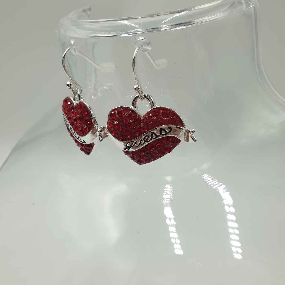 Guess Silver & Red Rhinestone Heart Pendant Hook Earrings - Picture 5 of 7